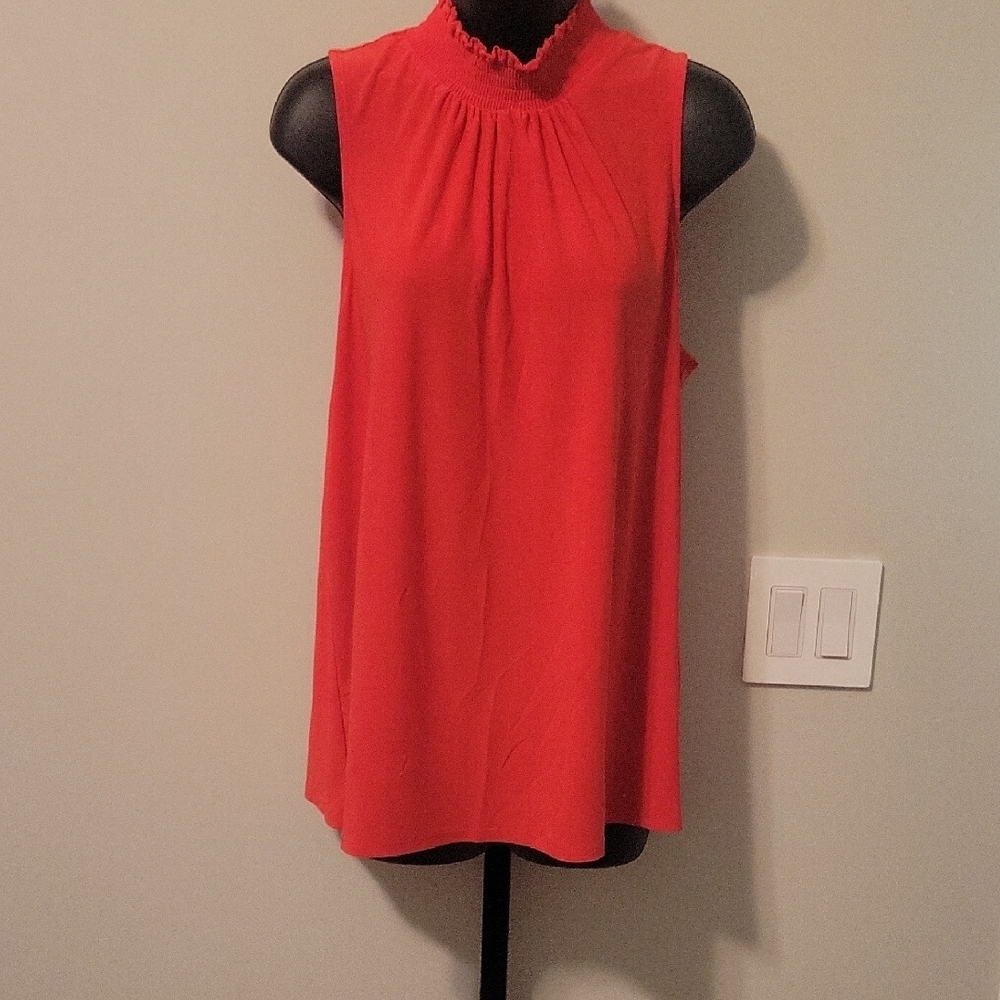 Cato Red Sleeveless Ruffled Blouse with Mandarin Collar